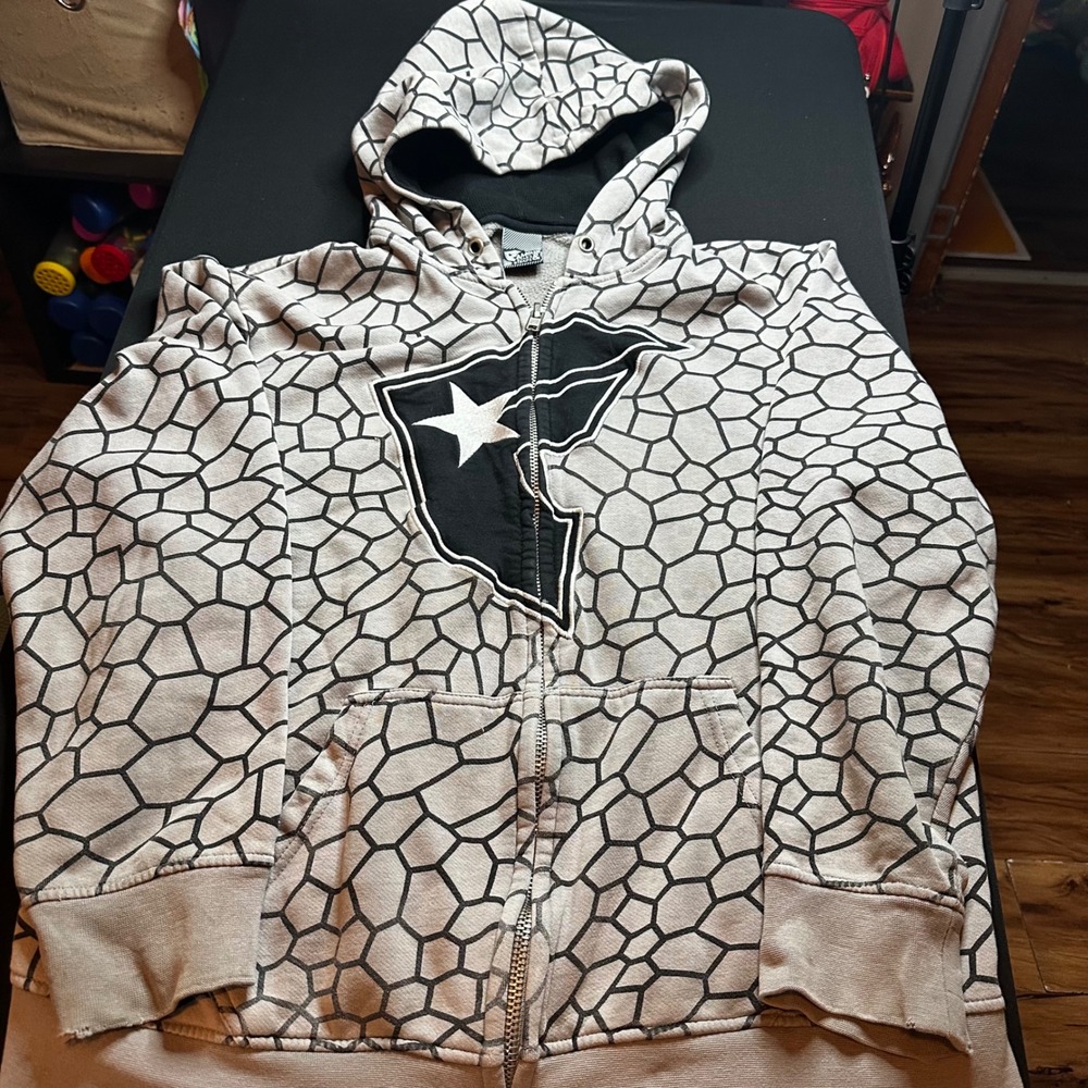 Famous Stars & Straps Full Zip Hoodie Grey Black Geometric Print Large F Logo